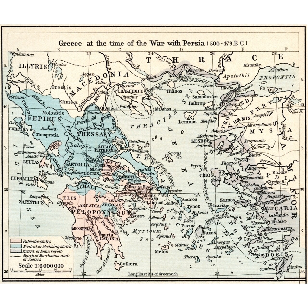 Map Of Greece At The Time Of The War With Persia 500 - 479 B.C. The Athenian Empire At Its Height. From Historical Atlas
